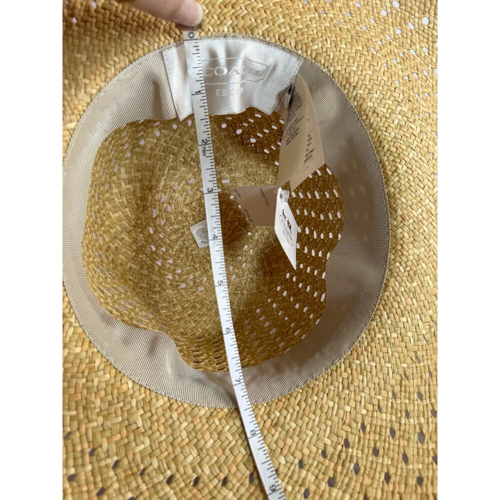 Coach Natural Straw Wide Brim Floppy Sun Hat Yellow Leather Trim One Size NWT - Picture 11 of 11
